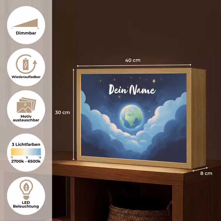 Planeet - Wolken - Sterren - Blauw Light Box met batterij (Wandlamp kind) middel -USP_websiteoverzichtDE