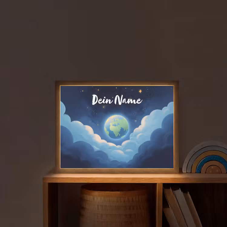 Planeet - Wolken - Sterren - Blauw Light Box met batterij (Wandlamp kind) middel -sfeer1_kind