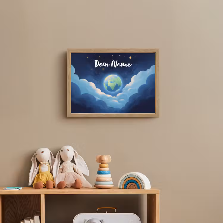 Planeet - Wolken - Sterren - Blauw Light Box met batterij (Wandlamp kind) middel -sfeer2_kind