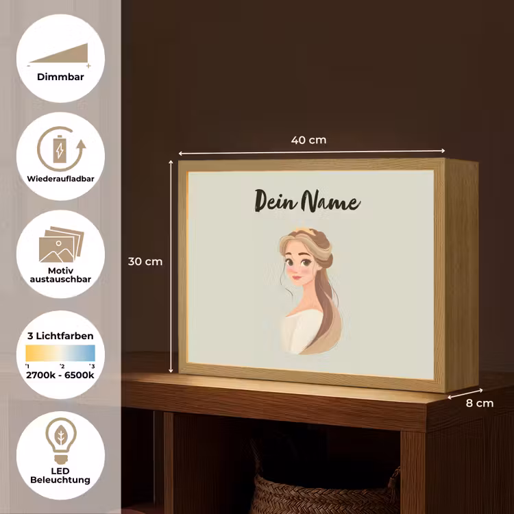 Prinses - Bruin - Haar - Kroon Light Box met batterij (Wandlamp kind) middel -USP_websiteoverzichtDE