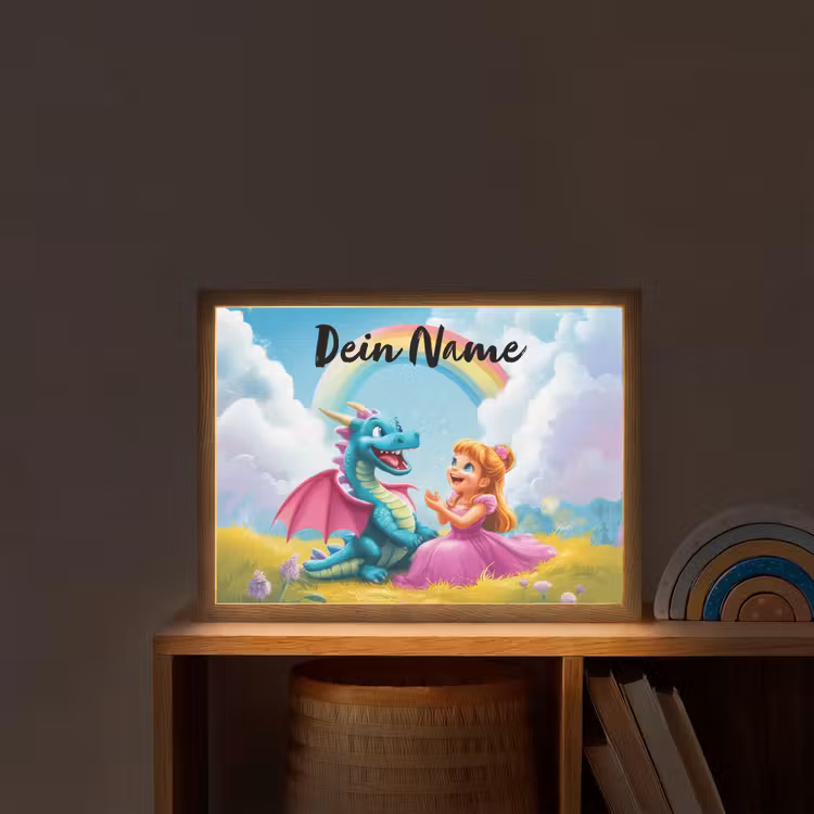 Prinses - Draak - Regenboog Light Box met batterij (Wandlamp kind) middel -sfeer1_kind