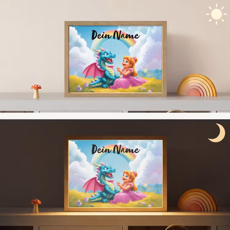 Prinses - Draak - Regenboog Light Box met batterij (Wandlamp kind) middel -sfeer3_kind