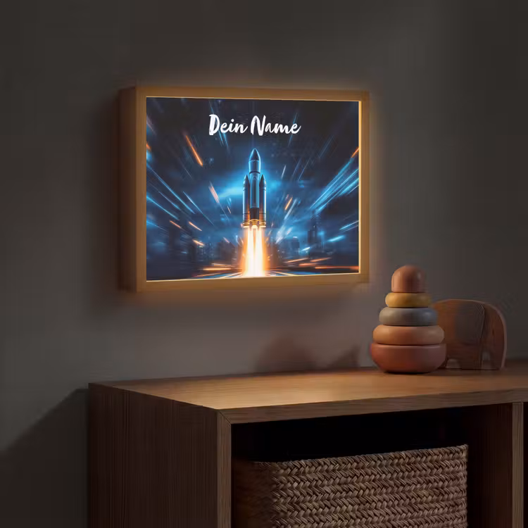 Raket - Ruimte - Blauw - Licht Light Box met batterij (Wandlamp kind) middel -sfeer5_kind