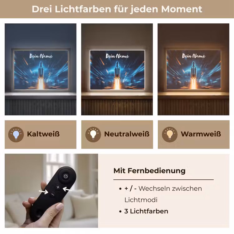 Raket - Ruimte - Blauw - Licht Light Box met batterij (Wandlamp kind) middel -USP_lichtkleurDE
