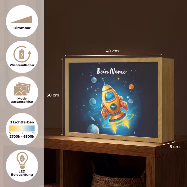 Raket - Ruimte - Planeten - Kinderen - Jongen Light Box met batterij (Wandlamp kind) middel -USP_websiteoverzichtDE