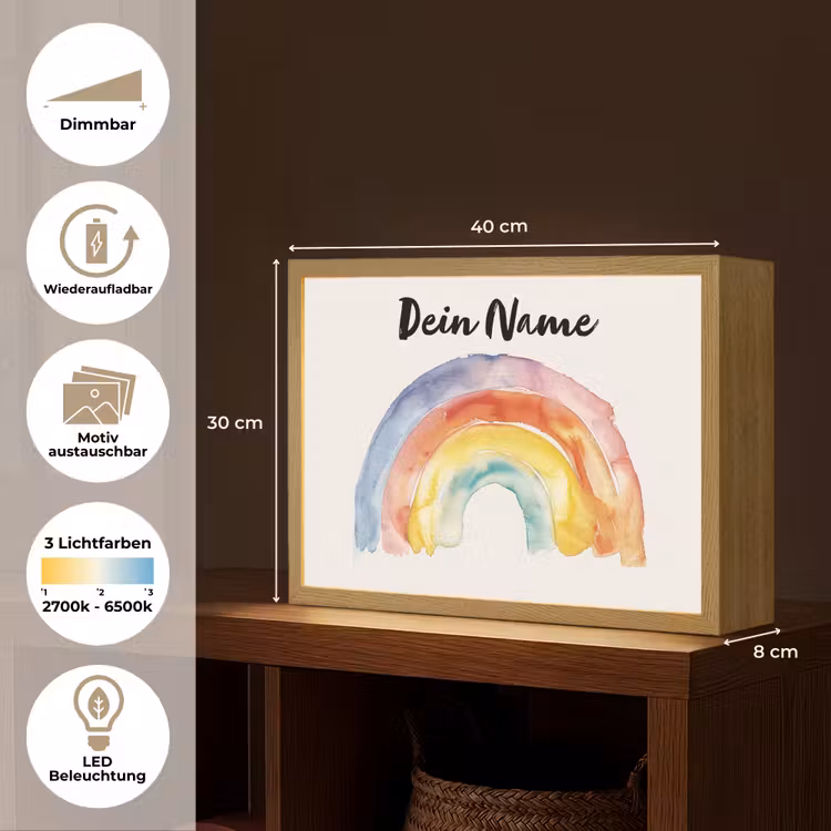 Regenboog - Watercolor - Kleurrijk Light Box met batterij (Wandlamp kind) middel -USP_websiteoverzichtDE