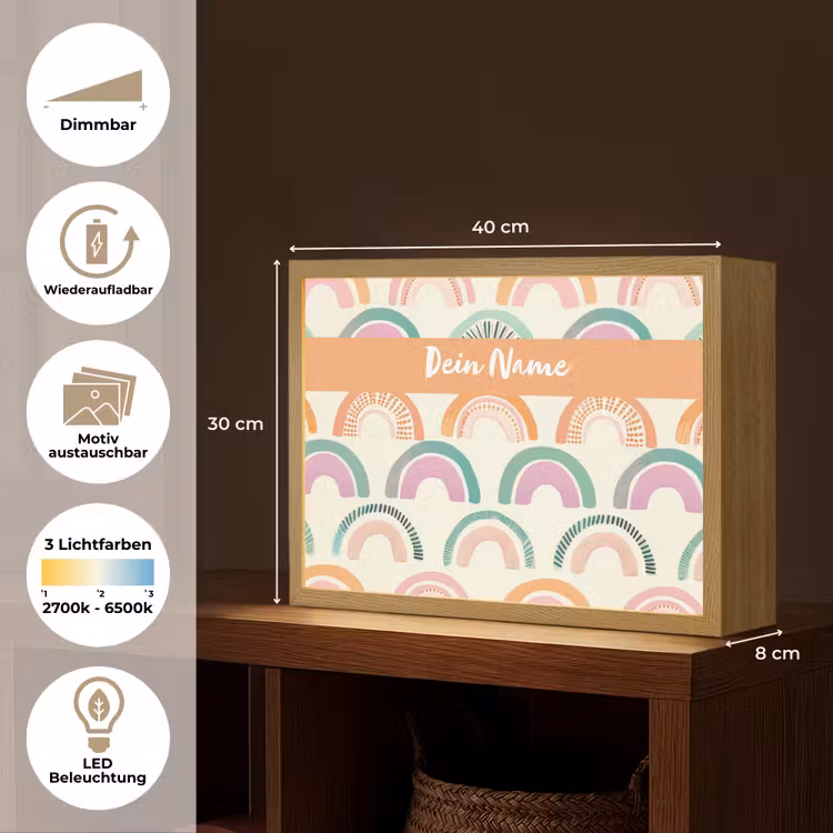 Regenboog - Pastel - Patroon Light Box met batterij (Wandlamp kind) middel -USP_websiteoverzichtDE