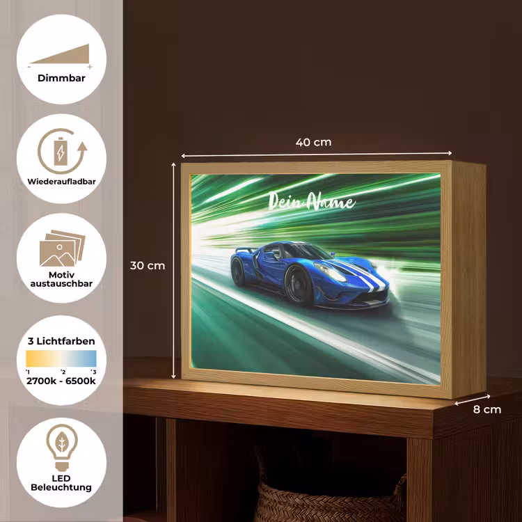 Race auto - Blauw - Groen Light Box met batterij (Wandlamp kind) middel -USP_websiteoverzichtDE