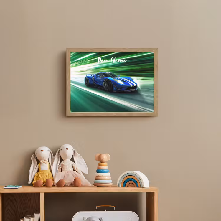 Race auto - Blauw - Groen Light Box met batterij (Wandlamp kind) middel -sfeer2_kind