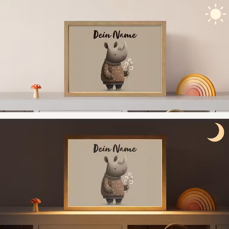 Neushoorn - Witte bloemen - Lief Light Box met batterij (Wandlamp kind) middel -sfeer3_kind