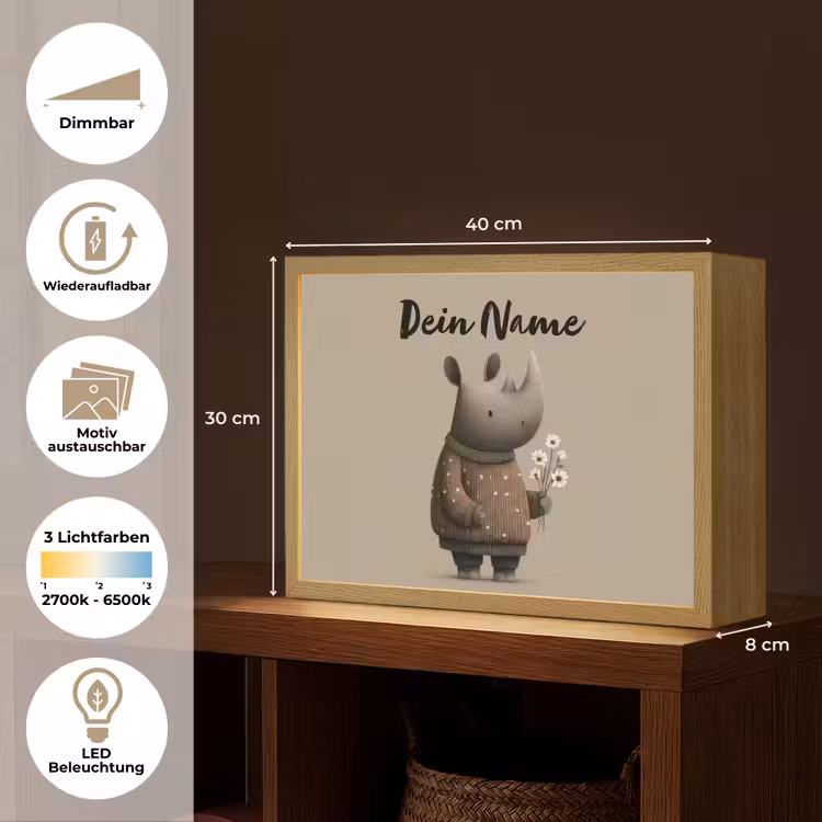 Neushoorn - Witte bloemen - Lief Light Box met batterij (Wandlamp kind) middel -USP_websiteoverzichtDE