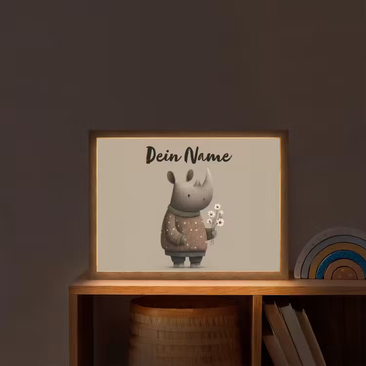 Neushoorn - Witte bloemen - Lief Light Box met batterij (Wandlamp kind) middel -sfeer1_kind