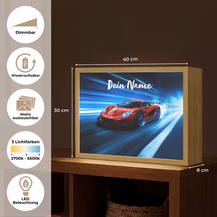 Rode raceauto - Blauw - Futuristisch Light Box met batterij (Wandlamp kind) middel -USP_websiteoverzichtDE