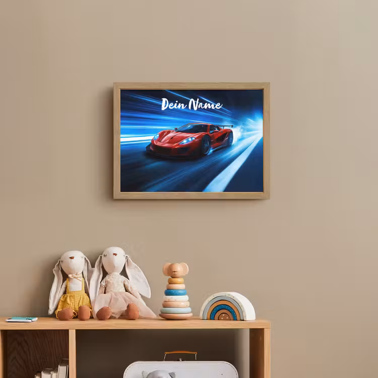 Rode raceauto - Blauw - Futuristisch Light Box met batterij (Wandlamp kind) middel -sfeer2_kind