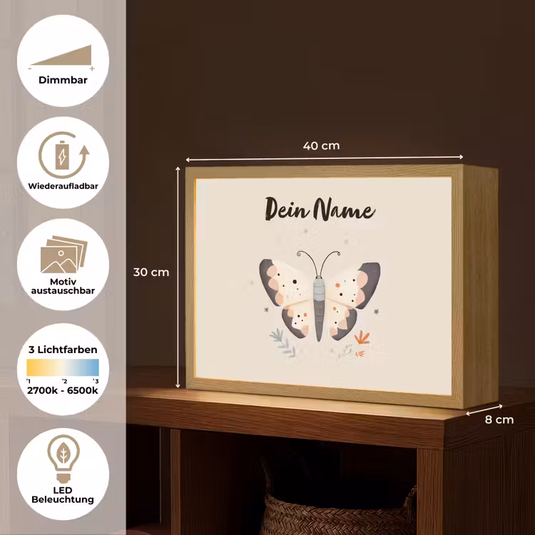 Vlinder - Vleugels - Bloemen - Beige Light Box met batterij (Wandlamp kind) middel -USP_websiteoverzichtDE