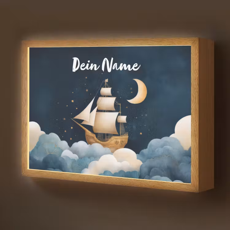 Zeilschip - Sterrenhemel - Wolken - Blauw Light Box met batterij (Wandlamp kind) middel -z3d_website