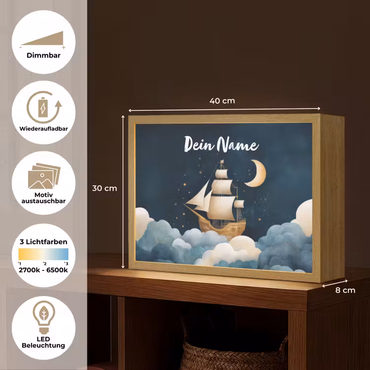 Zeilschip - Sterrenhemel - Wolken - Blauw Light Box met batterij (Wandlamp kind) middel -USP_websiteoverzichtDE