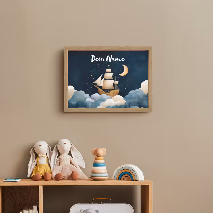 Zeilschip - Sterrenhemel - Wolken - Blauw Light Box met batterij (Wandlamp kind) middel -sfeer2_kind