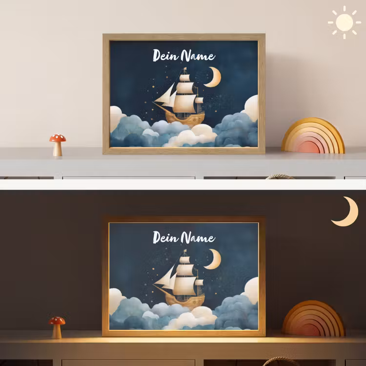Zeilschip - Sterrenhemel - Wolken - Blauw Light Box met batterij (Wandlamp kind) middel -sfeer3_kind