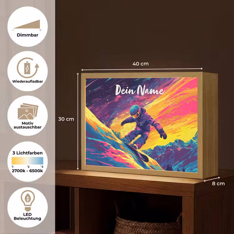 Snowboarden - Sneeuw - Kleurrijk Light Box met batterij (Wandlamp kind) middel -USP_websiteoverzichtDE