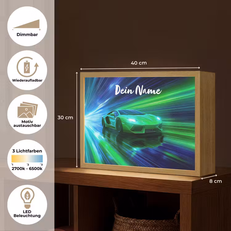 Sportauto - Groen - Snelheidslijnen - Neon Light Box met batterij (Wandlamp kind) middel -USP_websiteoverzichtDE