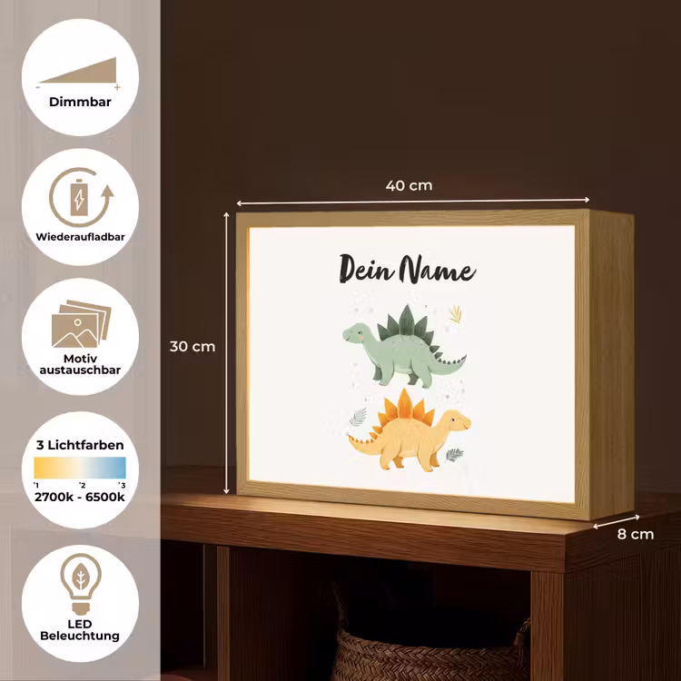 Stegosaurus - Sterren - Bladeren - Minimalistisch Light Box met batterij (Wandlamp kind) middel -USP_websiteoverzichtDE