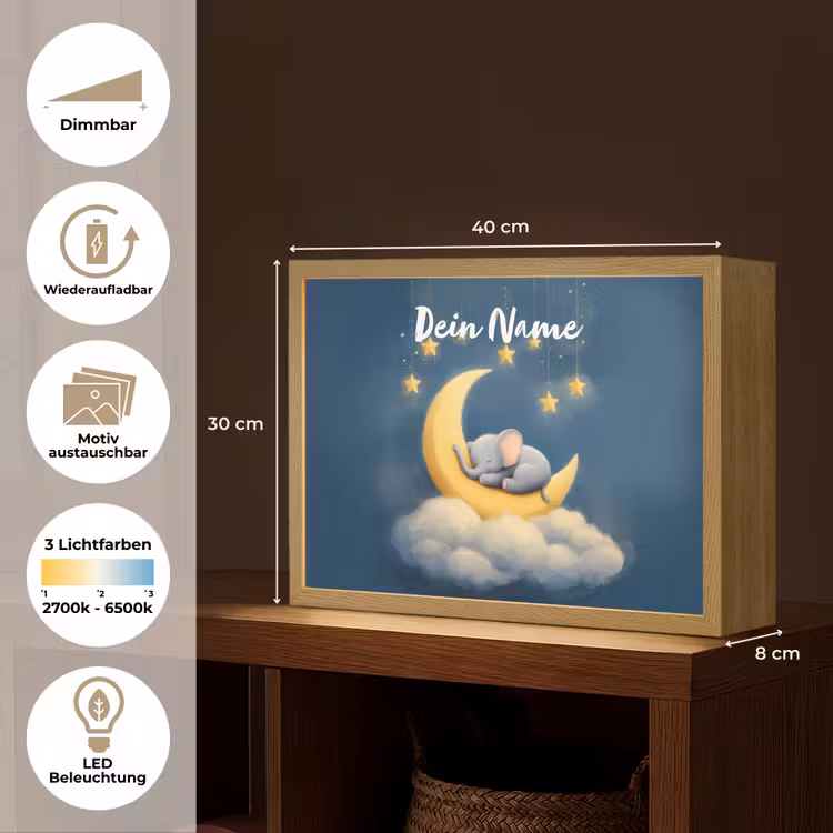 Sterren - Olifant - Maan - Wolken Light Box met batterij (Wandlamp kind) middel -USP_websiteoverzichtDE