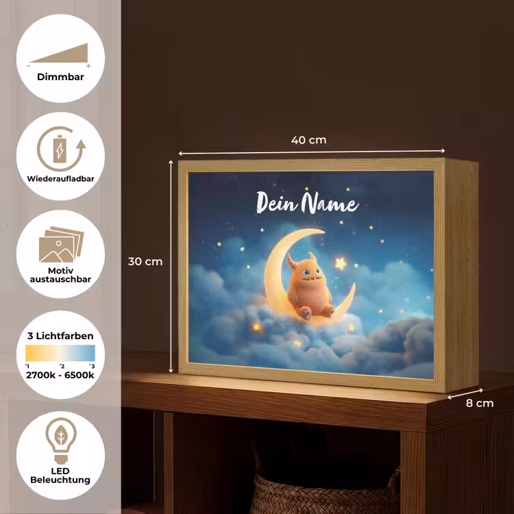 Knuffel - Monster - Maan - Wolken Light Box met batterij (Wandlamp kind) middel -USP_websiteoverzichtDE