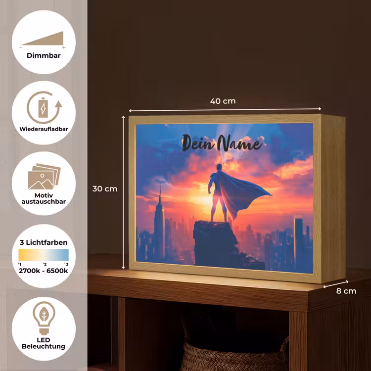 Superheld - Stad - Jongens - Kleurrijk - Zon Light Box met batterij (Wandlamp kind) middel -USP_websiteoverzichtDE