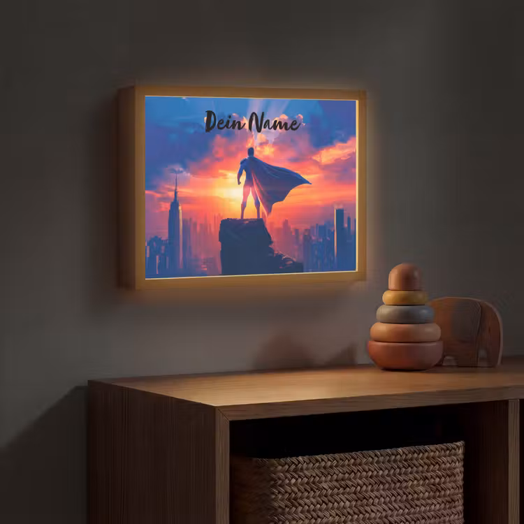 Superheld - Stad - Jongens - Kleurrijk - Zon Light Box met batterij (Wandlamp kind) middel -sfeer5_kind