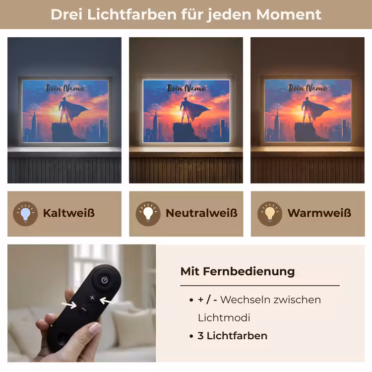Superheld - Stad - Jongens - Kleurrijk - Zon Light Box met batterij (Wandlamp kind) middel -USP_lichtkleurDE