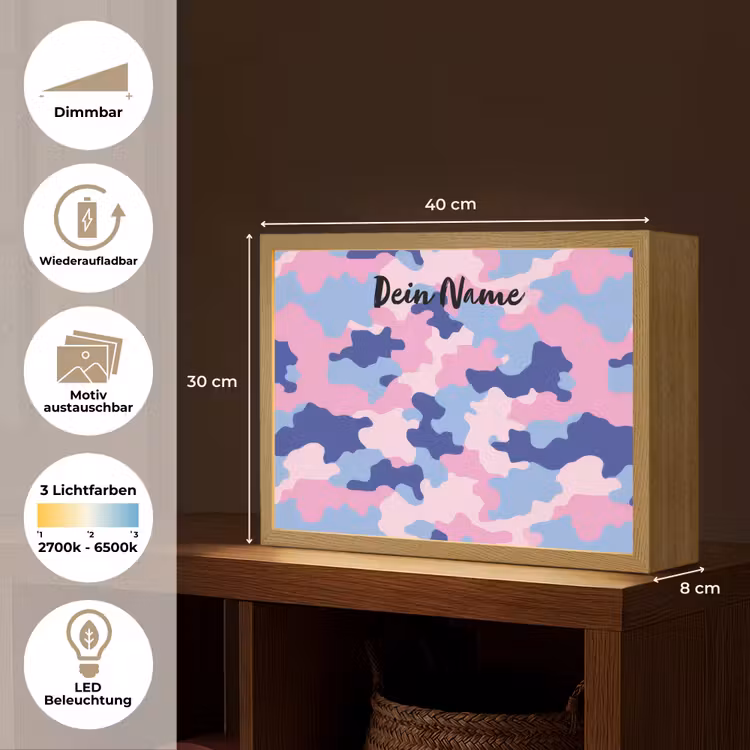 Camouflage - Roze - Blauw Light Box met batterij (Wandlamp kind) middel -USP_websiteoverzichtDE