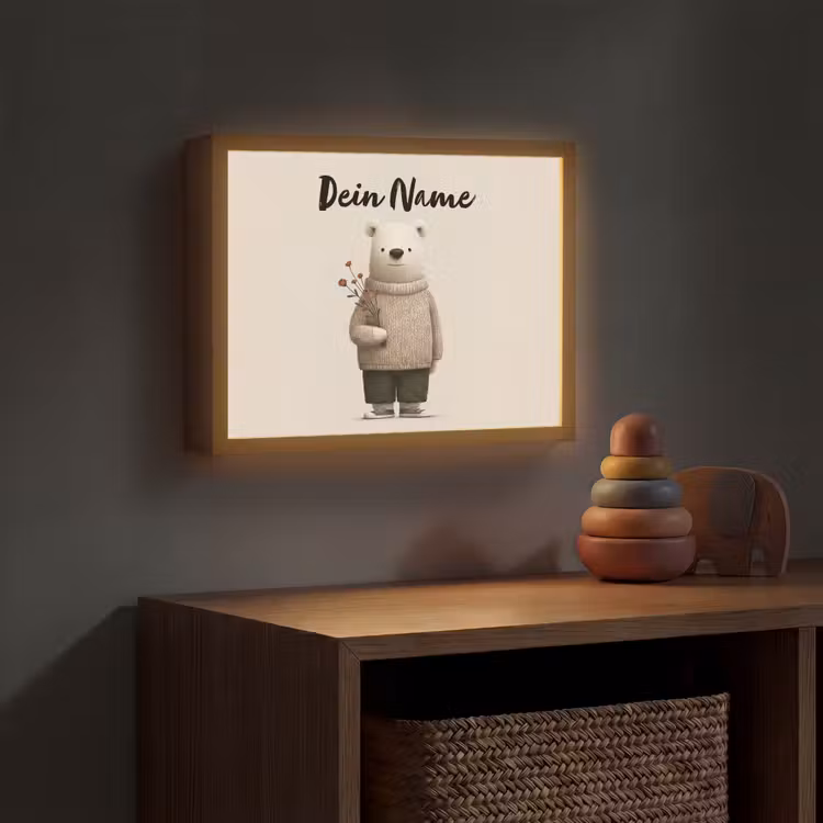 Knuffelbeer - Oranje bloemen - Vriendelijk Light Box met batterij (Wandlamp kind) middel -sfeer5_kind