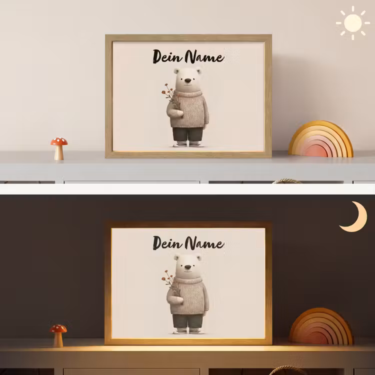 Knuffelbeer - Oranje bloemen - Vriendelijk Light Box met batterij (Wandlamp kind) middel -sfeer3_kind