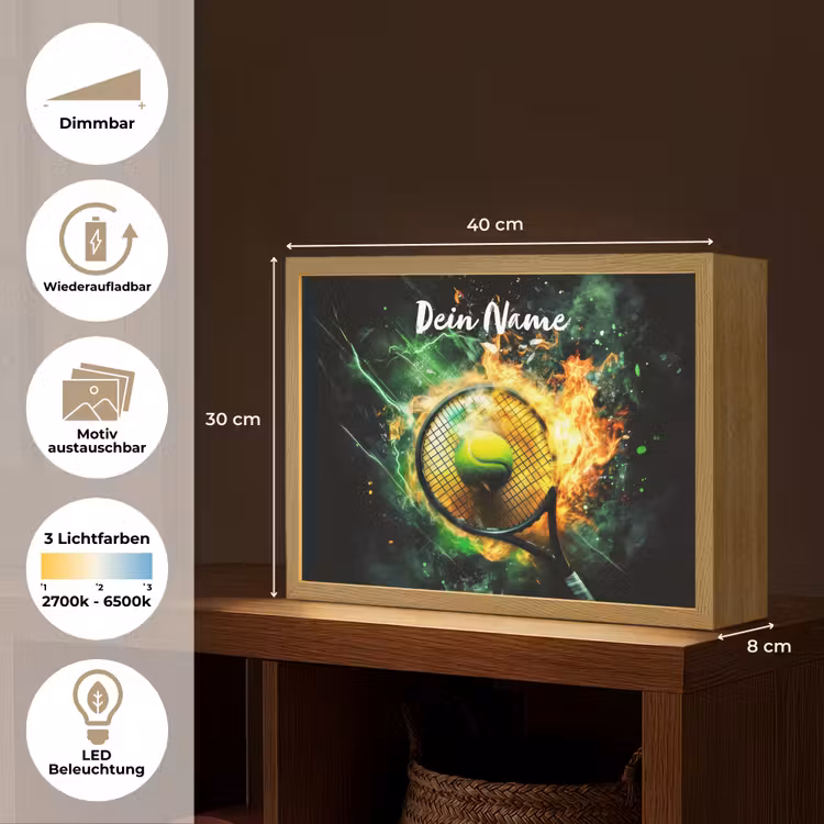 Tennis - Racket - Vuur - Groen Light Box met batterij (Wandlamp kind) middel -USP_websiteoverzichtDE