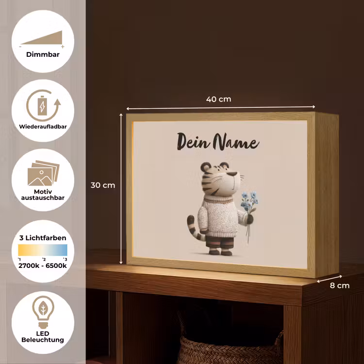 Tijger - Blauwe bloemen - Rustig Light Box met batterij (Wandlamp kind) middel -USP_websiteoverzichtDE
