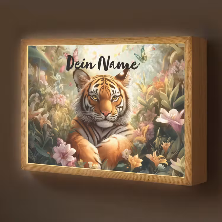 Tijger - Bloemen - Jungle - Dieren Light Box met batterij (Wandlamp kind) middel -z3d_website