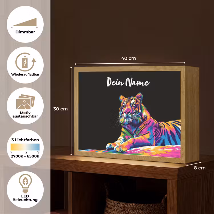 Tijger - Kleurrijk - Dieren - Zwart - Neon Light Box met batterij (Wandlamp kind) middel -USP_websiteoverzichtDE