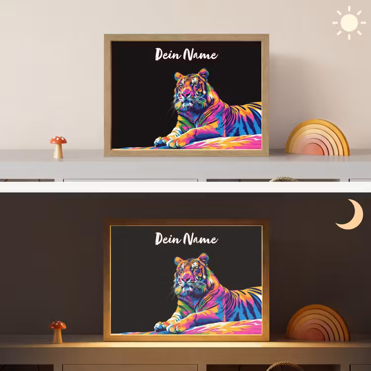 Tijger - Kleurrijk - Dieren - Zwart - Neon Light Box met batterij (Wandlamp kind) middel -sfeer3_kind