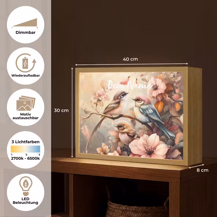 Vogels - Bloemen - Roze - Pastel Light Box met batterij (Wandlamp kind) middel -USP_websiteoverzichtDE
