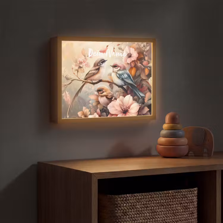 Vogels - Bloemen - Roze - Pastel Light Box met batterij (Wandlamp kind) middel -sfeer5_kind