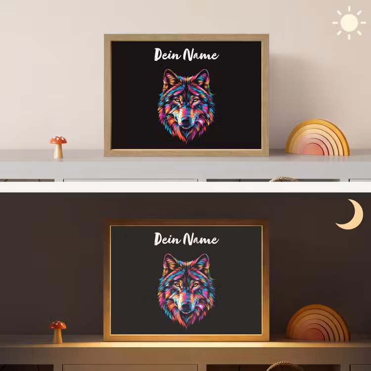 Wolf - Kleurrijk - Zwart - Dieren - Neon Light Box met batterij (Wandlamp kind) middel -sfeer3_kind