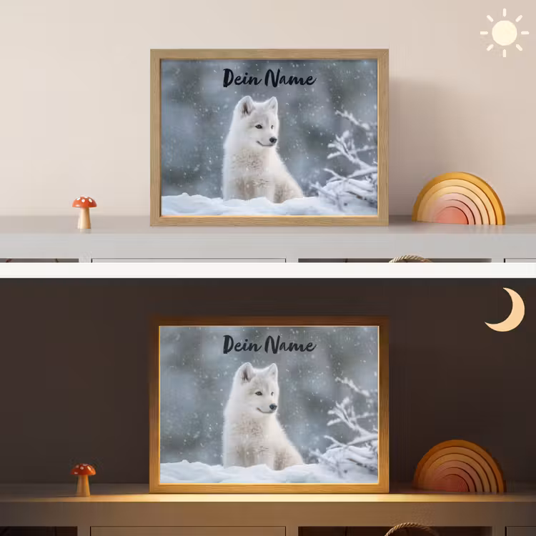 Wolf - Pup - Sneeuw Light Box met batterij (Wandlamp kind) middel -sfeer3_kind