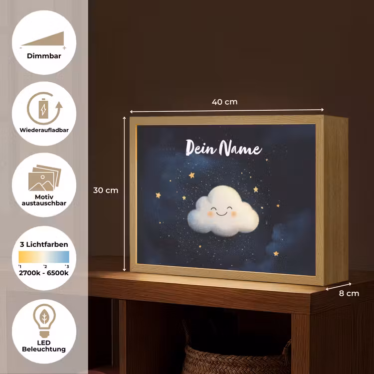 Wolkje - Gezichtje - Sterren - Donkerblauw Light Box met batterij (Wandlamp kind) middel -USP_websiteoverzichtDE