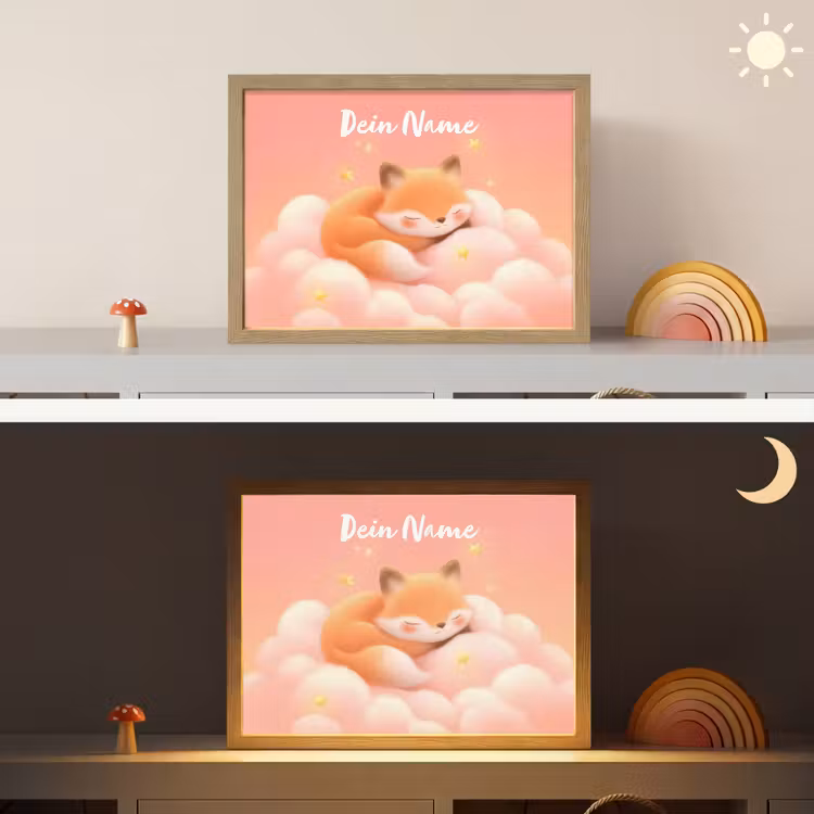 Wolken - Vos - Oranje - Sterren Light Box met batterij (Wandlamp kind) middel -sfeer3_kind