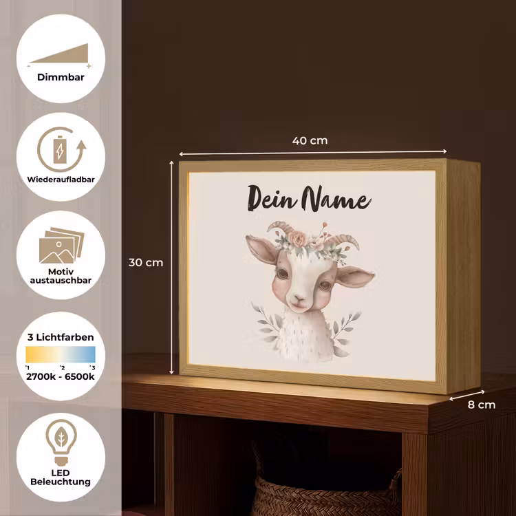 Geit - Dier - Bohemian - Bloemen - Boho Light Box met batterij (Wandlamp kind) middel -USP_websiteoverzichtDE