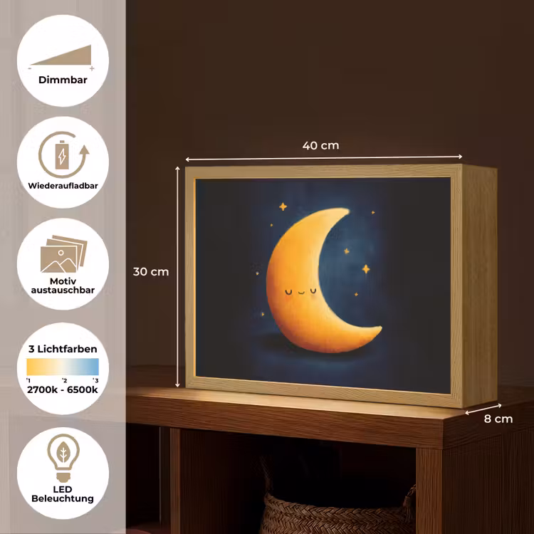 Maan - Geel - Sterren - Gezichtje Light Box met batterij (Wandlamp kind) middel -USP_websiteoverzichtDE