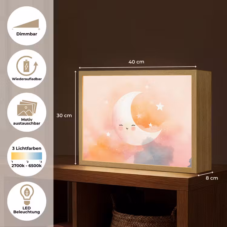 Maan - Gezichtje - Sterren - Roze Light Box met batterij (Wandlamp kind) middel -USP_websiteoverzichtDE