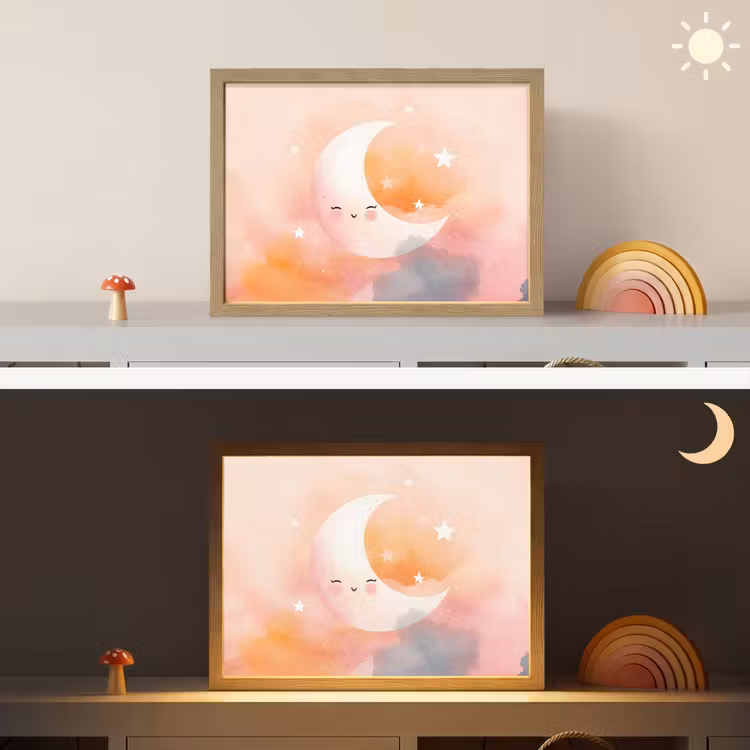 Maan - Gezichtje - Sterren - Roze Light Box met batterij (Wandlamp kind) middel -sfeer3_kind