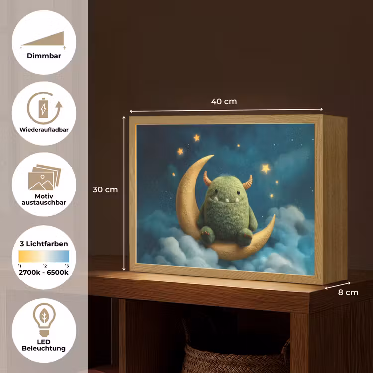 Monster - Groen - Maan - Wolken Light Box met batterij (Wandlamp kind) middel -USP_websiteoverzichtDE